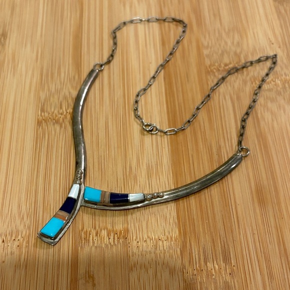 Navajo Signed M. Spencer
Sterling S 18" Necklace, Turquoise, MOP, Lapis, Zuni - Picture 2 of 12